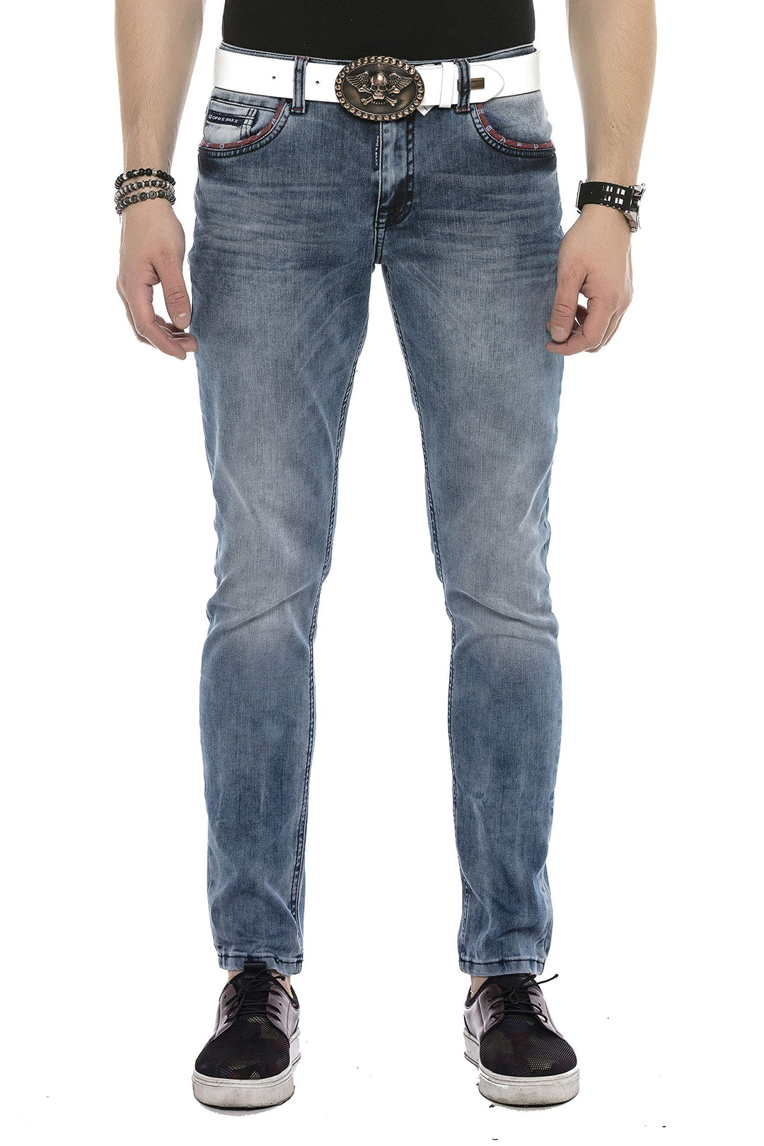 Cipo & Baxx Herren Jeans Hose Klassich Regular Fit Acid Waschung Five-Pocket Design Jeanshose Blau W