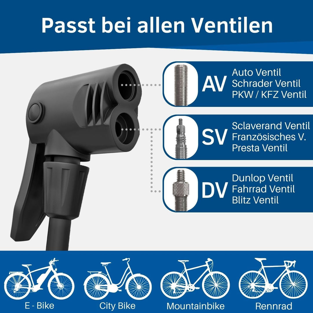 HiLo sports Fahrrad Standpumpe bis 11 bar - [Passt für alle Ventile] - Standluftpumpe mit Holz Griff