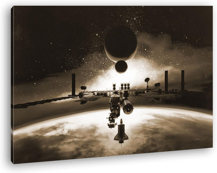 Dark ISS über der Erde Format: 80x60 Effekt: Sepia als Leinwandbild, Motiv fertig gerahmt auf Echtho