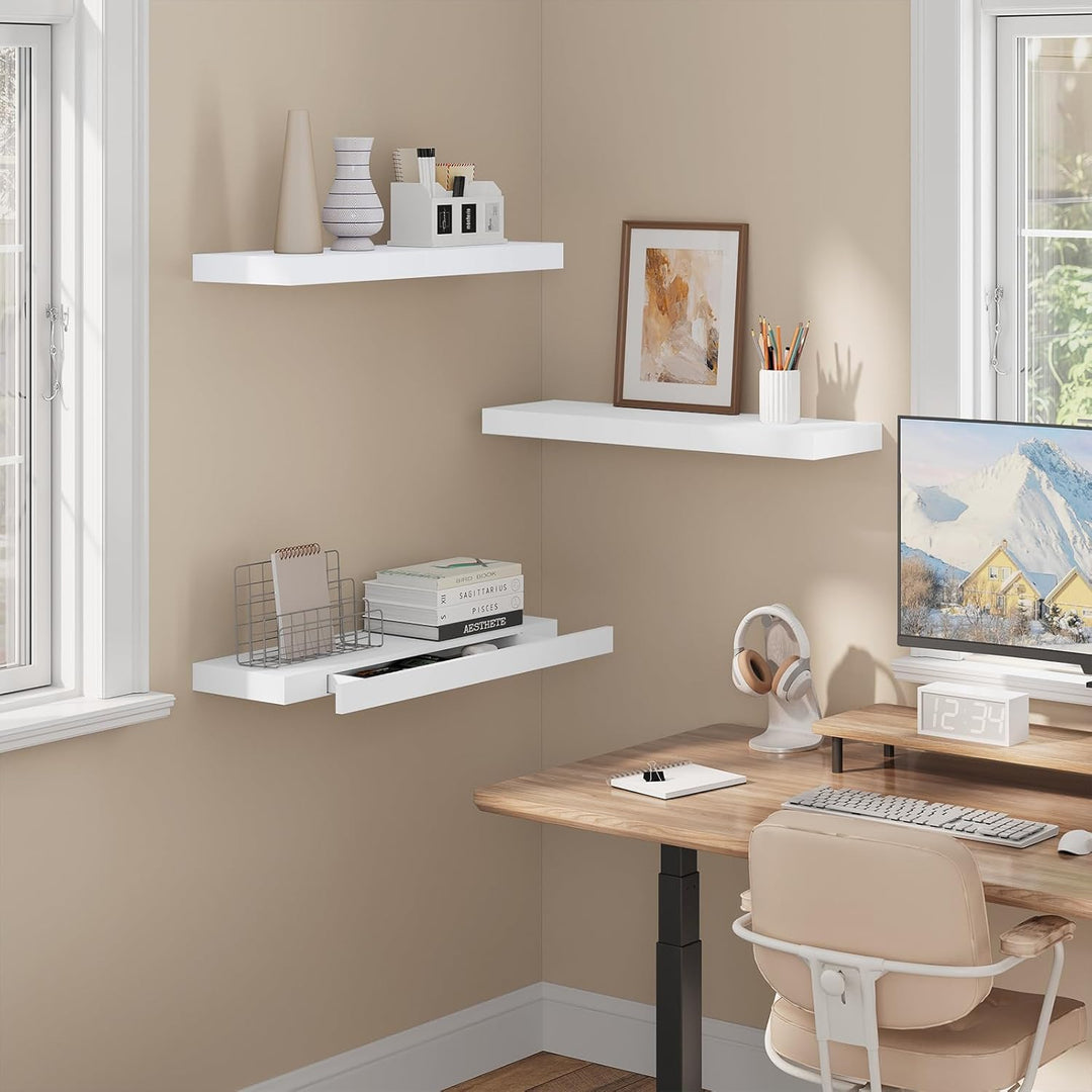 WOLTU Wandregal mit Schublade, Schweberegal Weiss, Regalbrett aus MDF, Wandboard für Wohnzimmer Schl