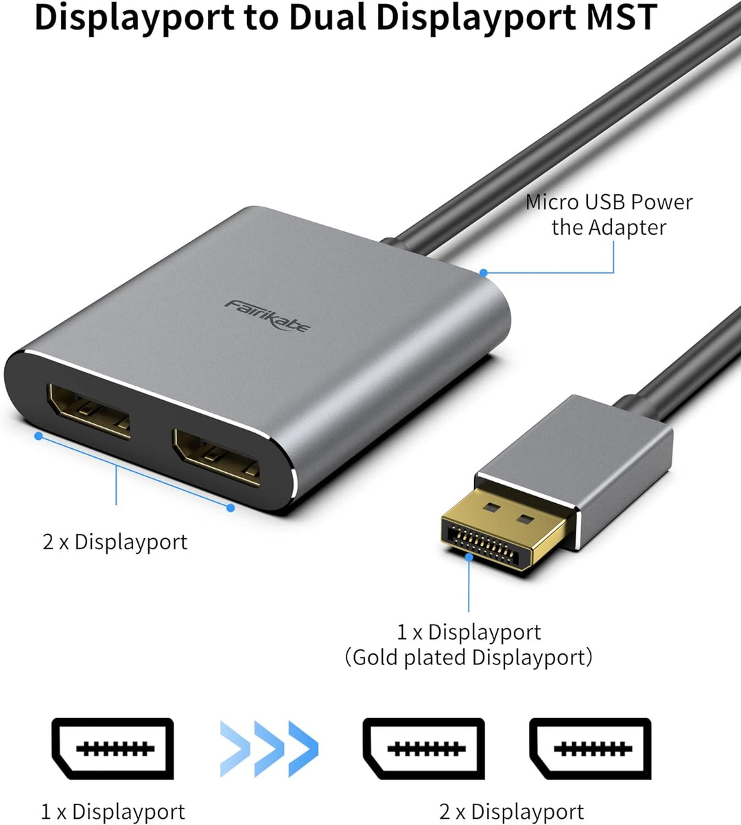 DisplayPort zu Dual DisplayPort Splitter Adapter 4K60Hz für Dual Monitor, MST DisplayPort Adapter er
