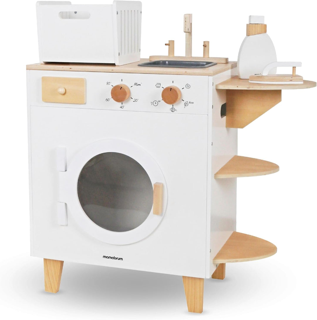 Mamabrum MAM163 Kinder-Waschmaschinen-Set aus Holz, Spielzeug-Einbauwaschmaschine mit Bügeleisen & W