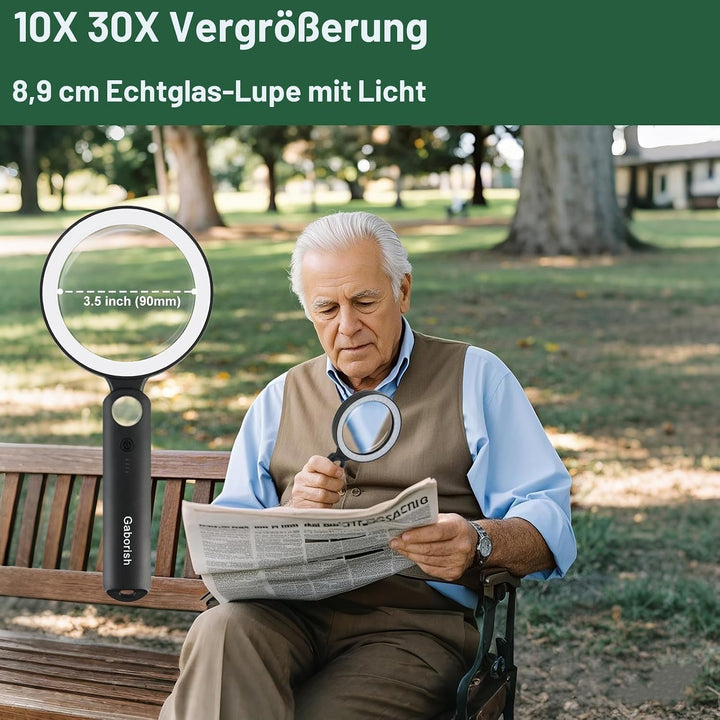 Grosse Lupe mit Licht USB Aufladbar, 10X 30X Leselupe mit Licht für Senioren Gross, 36 LED &amp; 5 Licht
