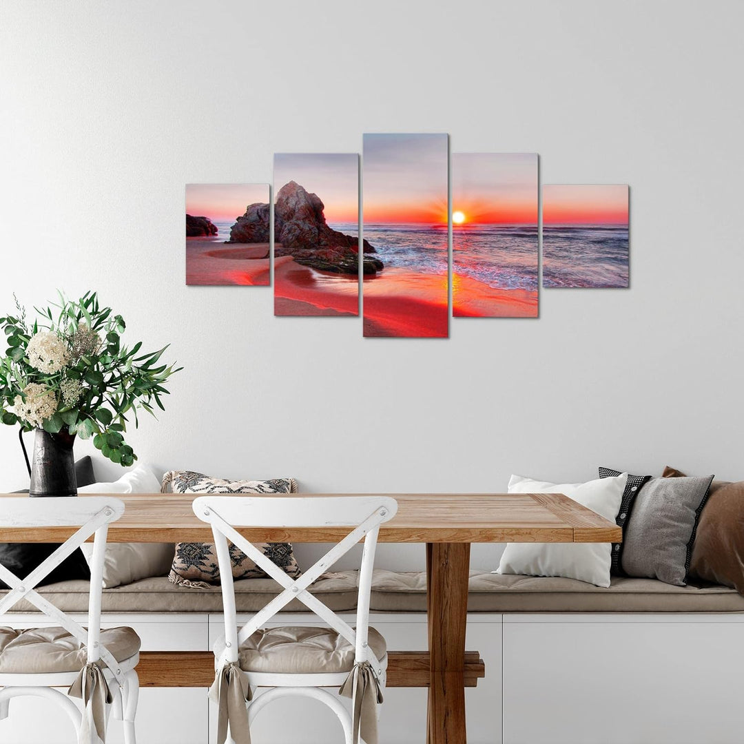 Runa Art Wandbilder Sonnenuntergang Strand 5 Teilig Bild auf Vlies Leinwand Deko Schlafzimmer Wohnzi