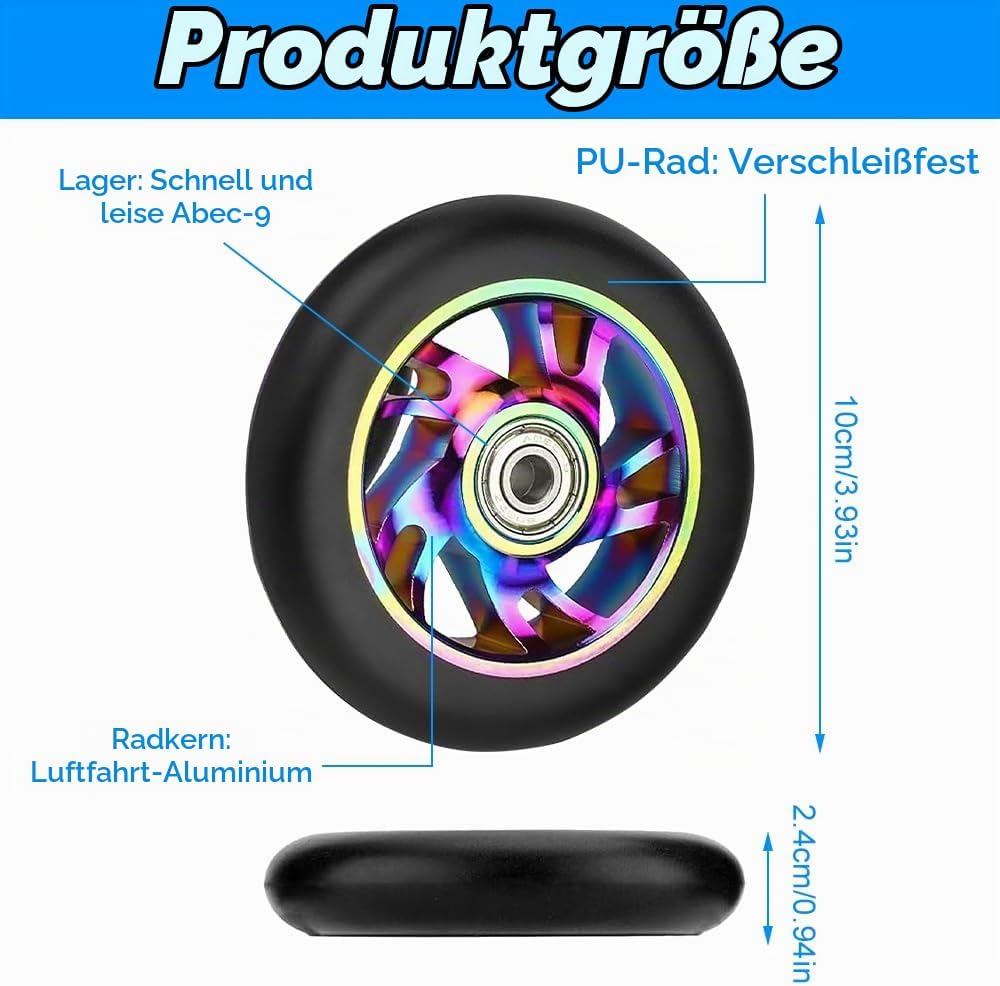 2 Stück Stunt Scooter Rollen 100mm, Ersatzräder für Stunt Scooter Reifen88A, Aluminium Roller Reifen