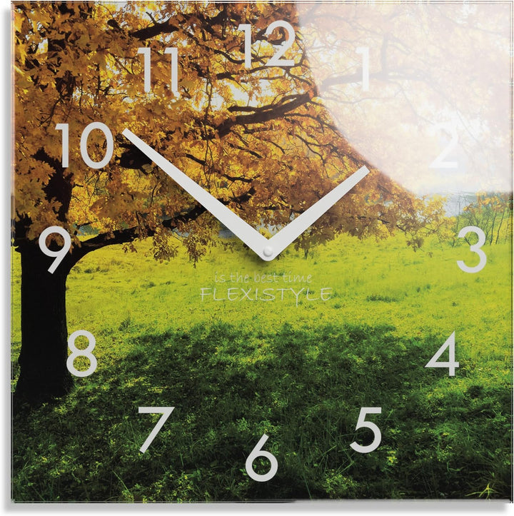 FLEXISTYLE Wanduhr küche Wohnzimmer 30 x 30 cm, aus Glas, mit Direktdruck eckig modern (HERBSTBAUM),