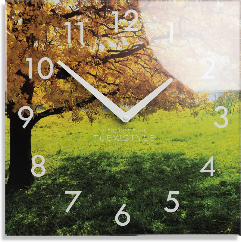 FLEXISTYLE Wanduhr küche Wohnzimmer 30 x 30 cm, aus Glas, mit Direktdruck eckig modern (HERBSTBAUM),