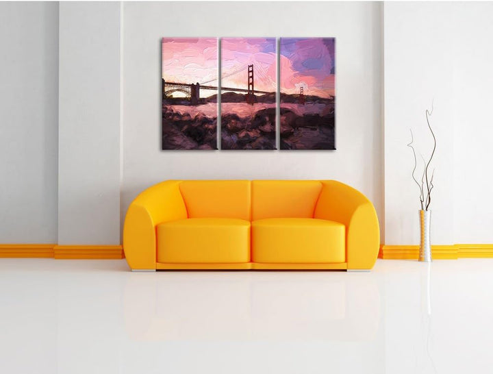 Pixxprint Golden Gate Bridge / 3-Teilig/Gesamtmass 120cm Leinwandbild bespannt auf Holzrahmen/Wandbi