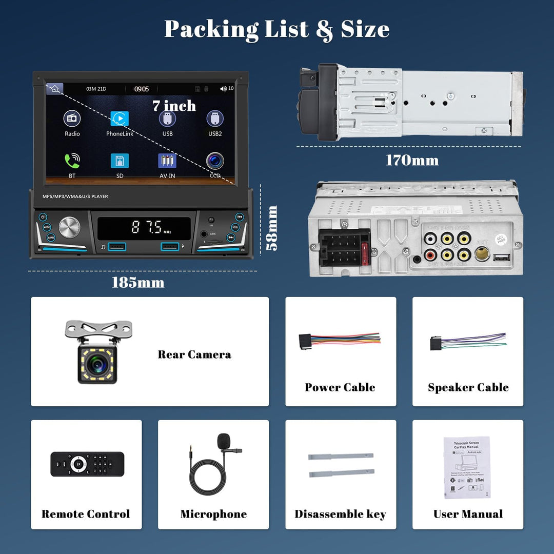 Hikity AM FM Autoradio 1 Din Wireless Carplay Android Auto, Touch Screen 7 Zoll Ausfahrbarem Display