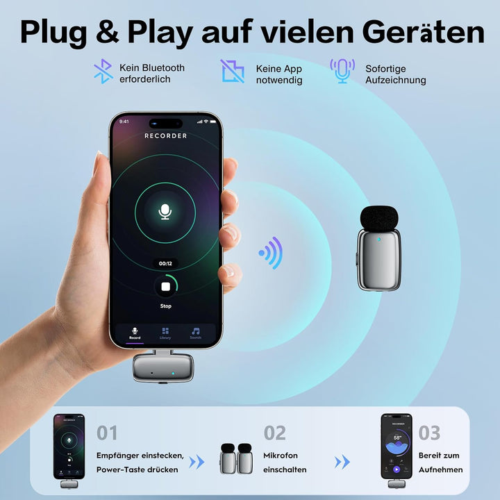 Kabelloses Mini-Mikrofon für Phone/Android/Pad 2er-Pack, Lavalier Ansteckmikrofon mit Lightning, USB