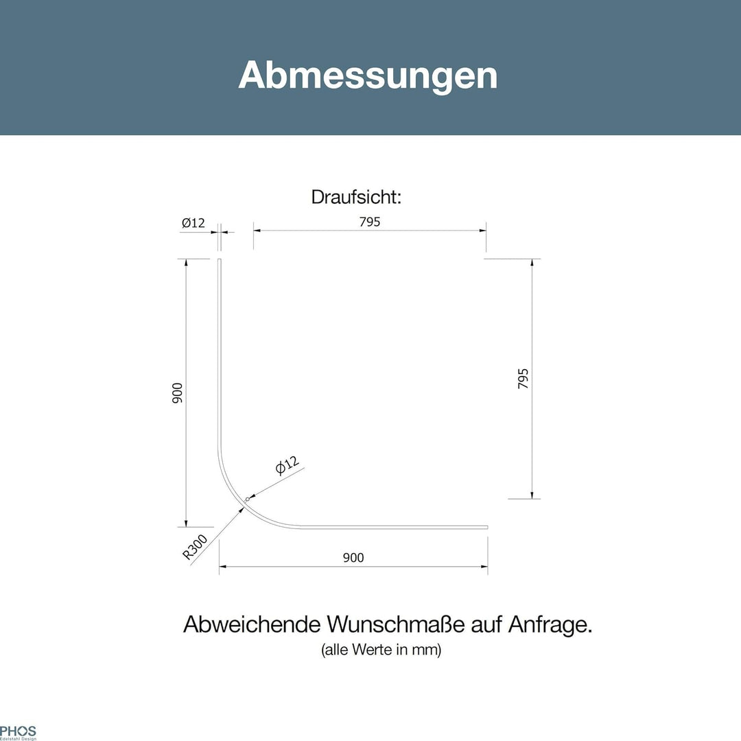 PHOS Design, DSB300-900, Viertelkreis Duschvorhangstange, 90 x 90 cm, Bogenradius 30 cm, Edelstahl m