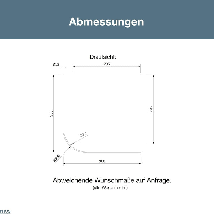 PHOS Design, DSB300-900, Viertelkreis Duschvorhangstange, 90 x 90 cm, Bogenradius 30 cm, Edelstahl m