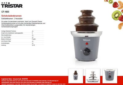 Tristar Edelstahl Schokobrunnen - 3 Ebenen, 0,4 Liter, Warmhaltefunktion, 32 Watt, CF-1603, Metallic