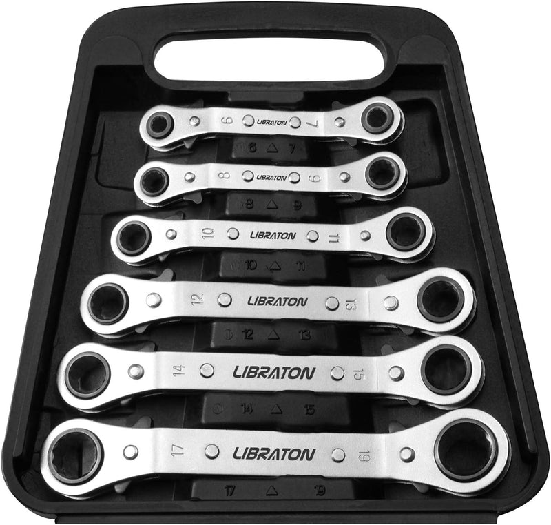 LIBRATON Doppel Ratschenschlüssel Set 6-Tlg, 6-19mm Ringmaulschlüssel Satz, Reversibler Offset Ratsc