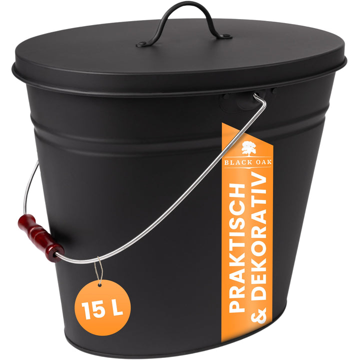 BLACK OAK Ascheeimer Vesuvio 15L – schwarz oval mit Deckel - gross 15 Liter - Stahl feuerfest verzin