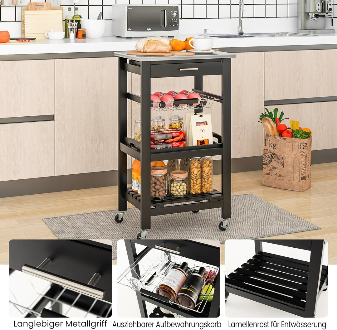 GOPLUS Servierwagen auf Rollen, Rollwagen mit Stahl-Arbeitsplatte, Küchenwagen mit Schublade & Ablag