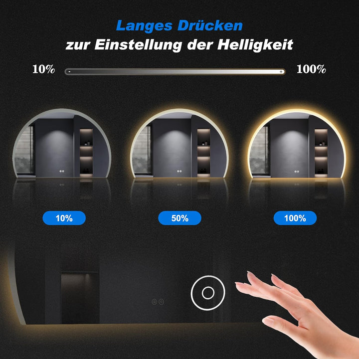 SONNI Badspiegel mit Beleuchtung Halbrund 70x50 cm, LED Spiegel mit Touch-Schalter und Dimmbar, Besc