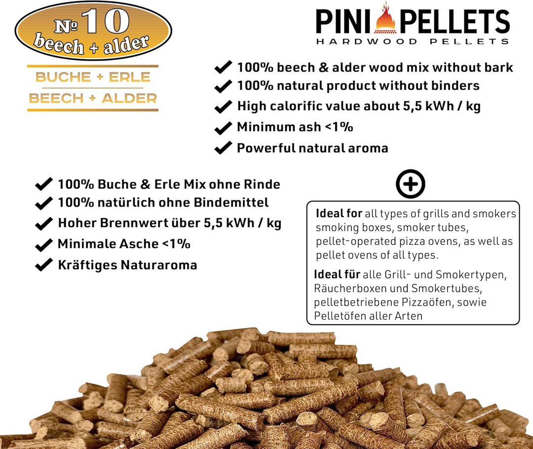PINI Grillpellets № 10 Buche Erle Mix 10 kg BBQ Hartholzpellets zum Grillen Räuchern Smoken