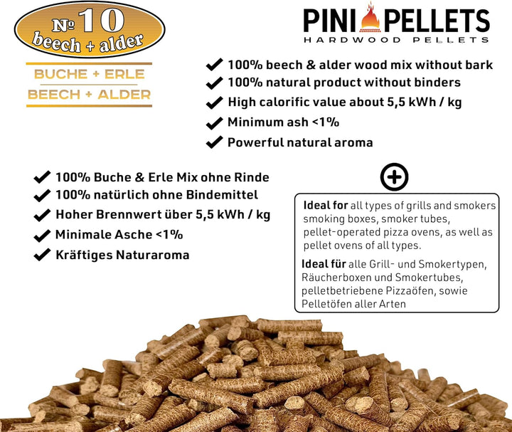 PINI Grillpellets № 10 Buche Erle Mix 10 kg BBQ Hartholzpellets zum Grillen Räuchern Smoken