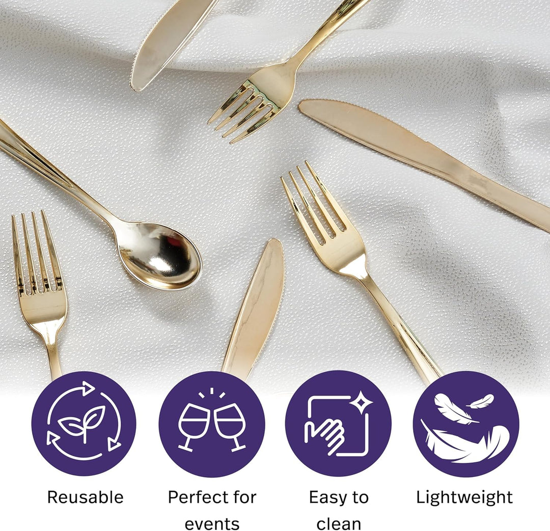 MATANA 720 Elegantes Wiederverwendbares Goldenes Besteck Set – 240 Messer, 240 Gabeln, 240 Löffel –