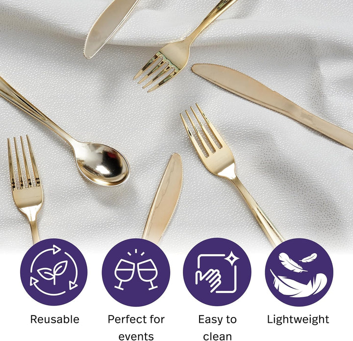 MATANA 720 Elegantes Wiederverwendbares Goldenes Besteck Set – 240 Messer, 240 Gabeln, 240 Löffel –