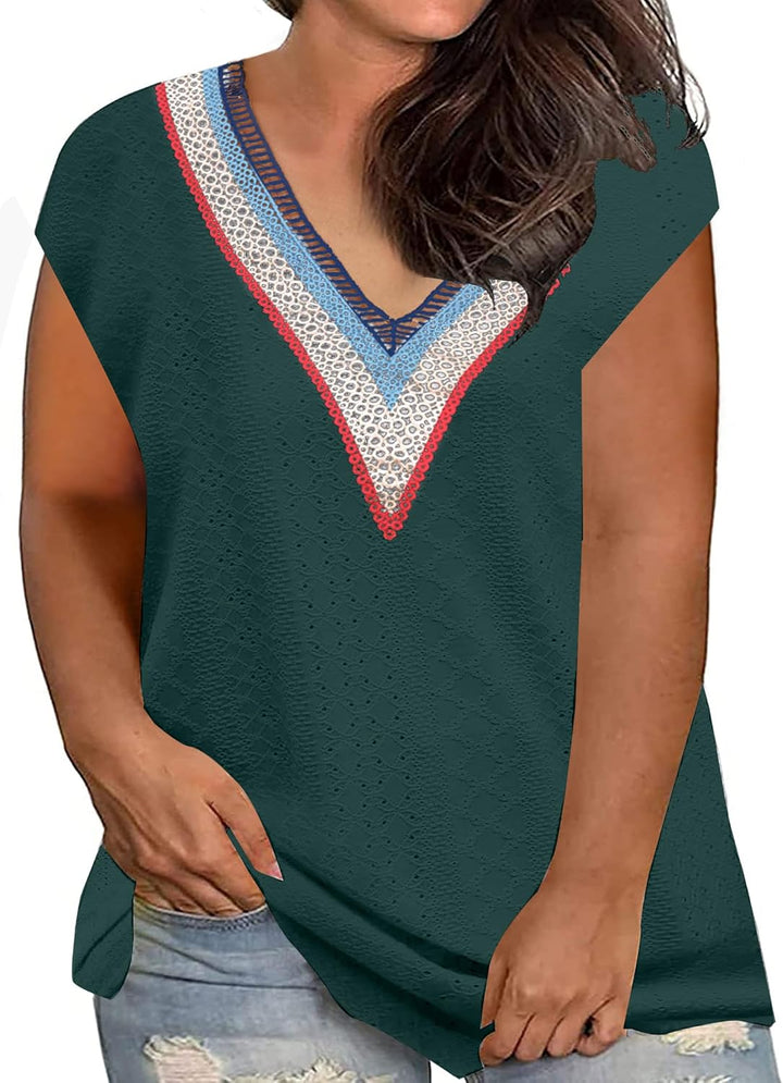 Grosse Grössen T-Shirts Damen V-Ausschnitt Plus Size Mode Strick Top Sommer Oversize Frauen Tshirts,
