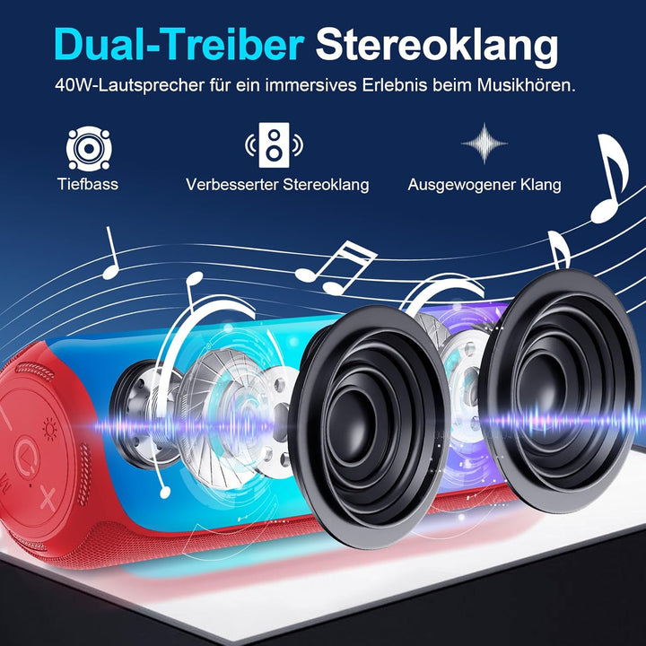 VOCH Tragbarer Bluetooth Lautsprecher mit RGB Licht, 40W Stereo Sound, Bluetooth 5.3, TWS Pairing, I