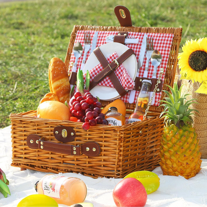 Picknickkorb Set für 2 Person mit Kühlfach, Abnehmbarer Riemen, Weinbeutel, Besteck Set, für Camping