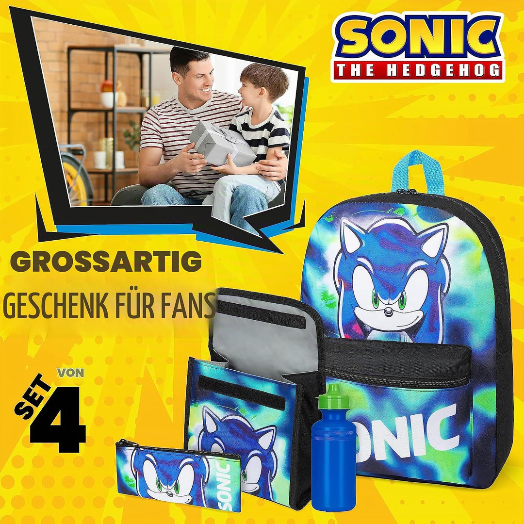 SONIC THE HEDGEHOG Schulrucksack Jungen Set, 4 STK. Rucksack Kinder Set Shadow Knuckles Trinkflasche