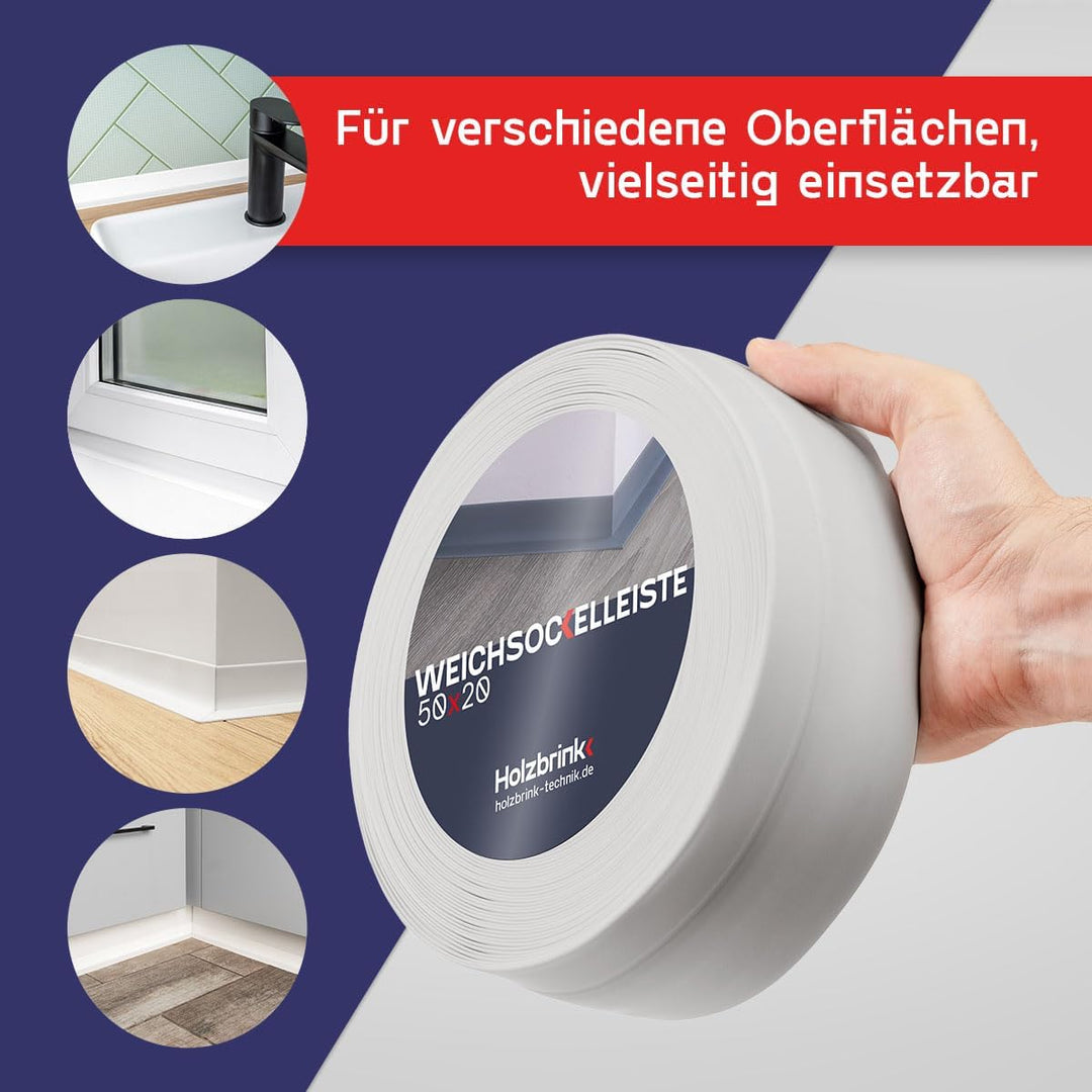 HOLZBRINK Weichsockelleiste selbstklebend PVC 50x20mm, 25 m | Winkelleiste für Küchenarbeitsplatte,