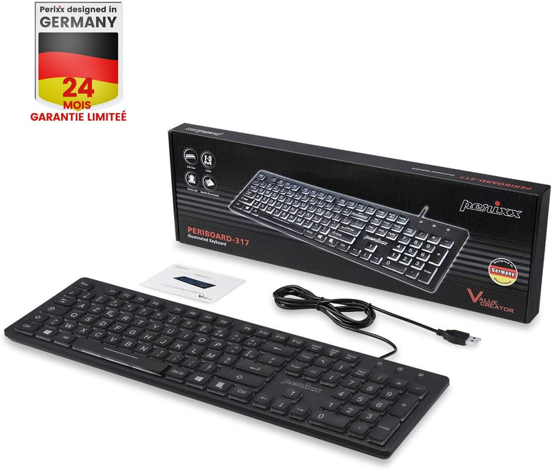 perixx PERIBOARD-317, Tastatur mit Hintergrundbeleuchtung, kabelgebunden, USB, für Windows – Membran