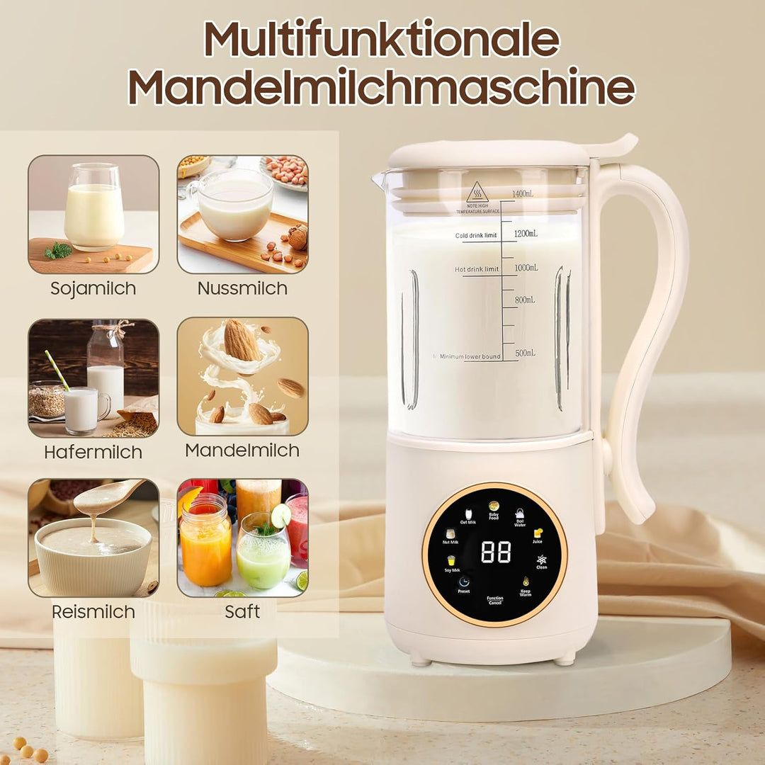 Sojamilch Maschine, 1400ml Automatische Nussmilchmaschine mit 16 Klingen, LED Anzeige, Verzögerungss