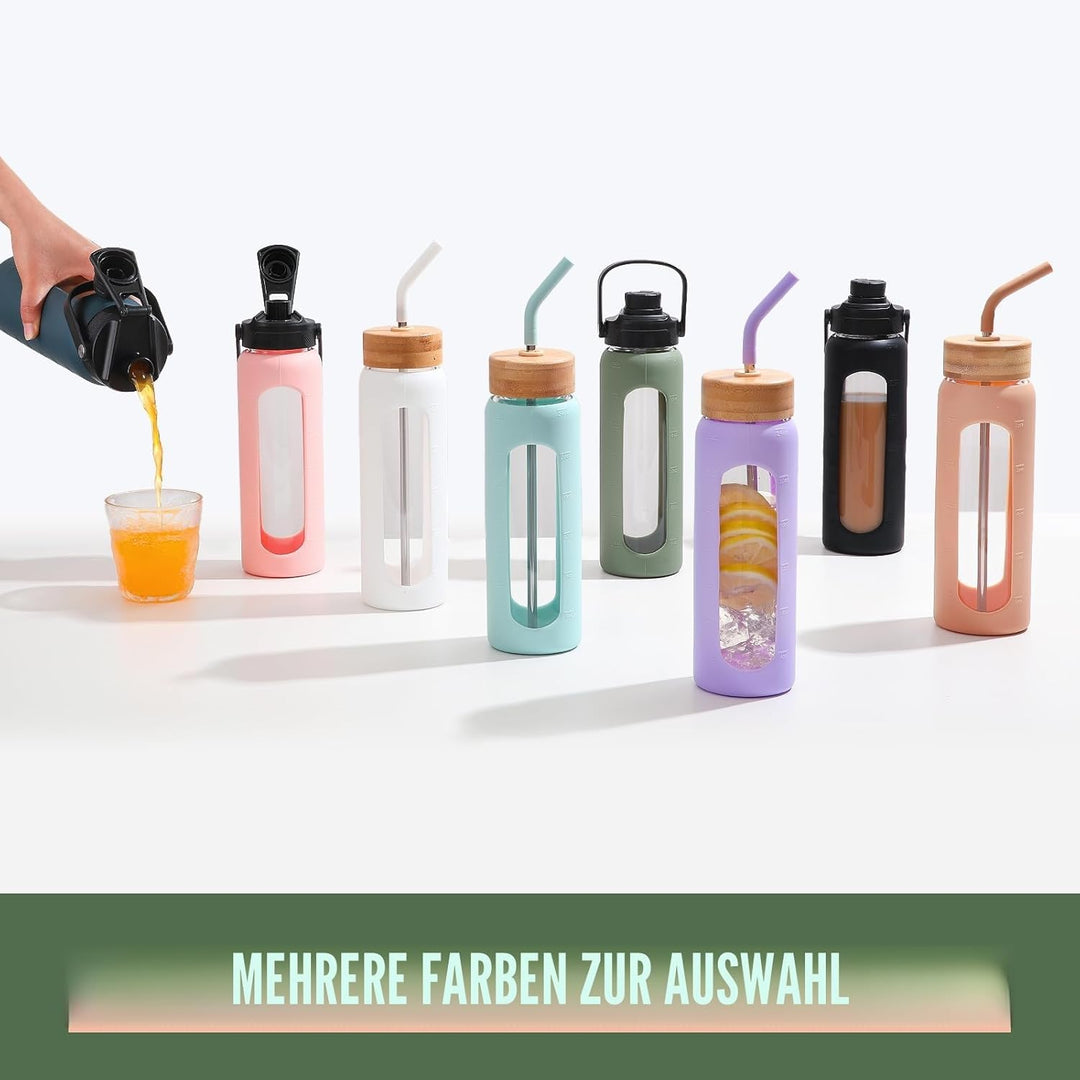 BLUEGO Trinkflasche Glas 700ml Sport Wasserflasche mit 2 Deckeln und Strohhalm Auslaufsichere Glasfl