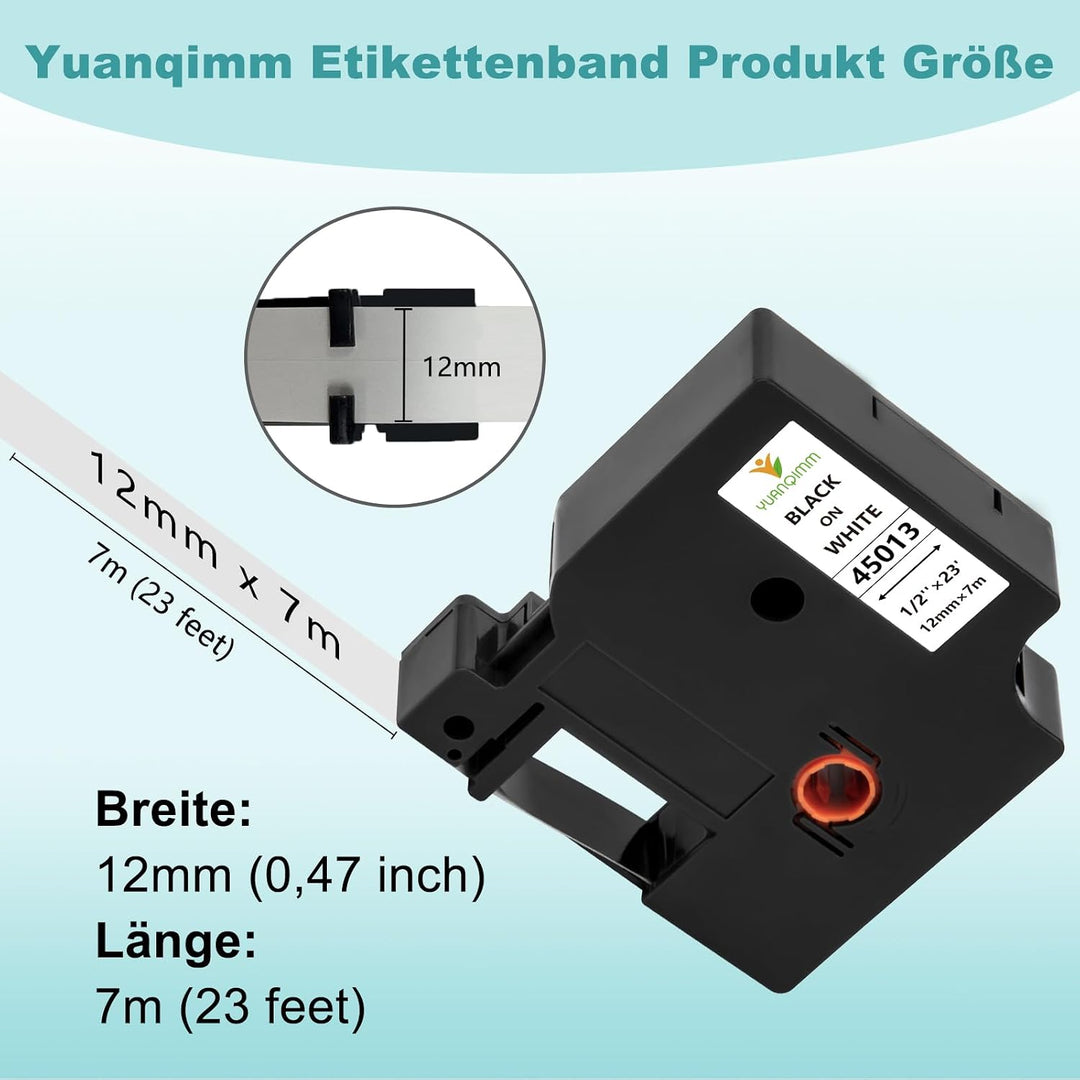 6x 45013 Kompatibel für Dymo D1 Etikettenband 12mm x 7m a45013 S0720530 | Schwarz auf Weiss D1 45013