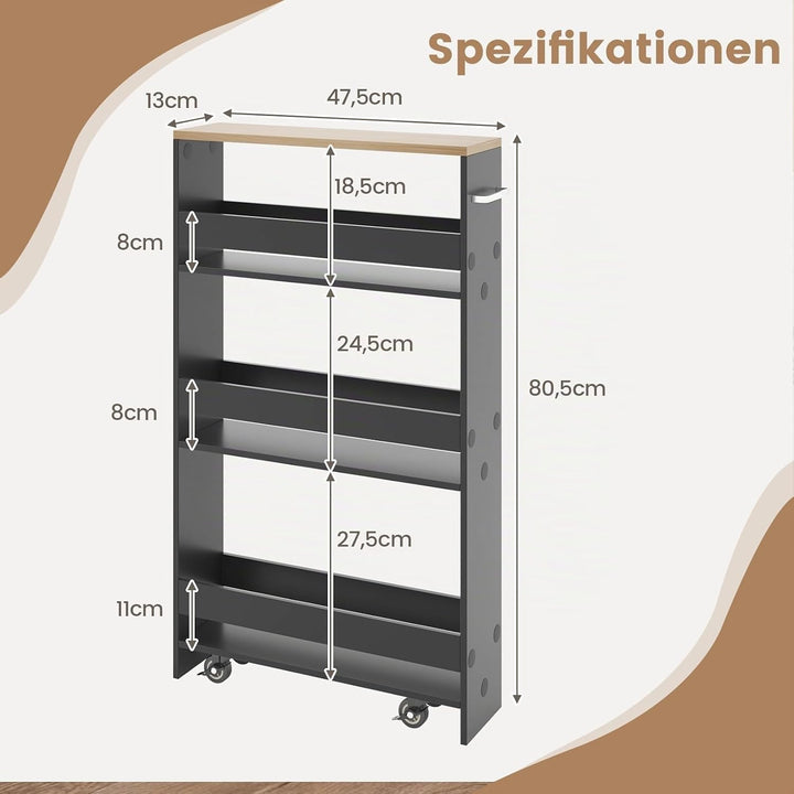 FANTASK Küchenwagen schmal auf Rollen, Nischenregal 13cm breit, 4 Etagen Servierwagen, Nischenwagen