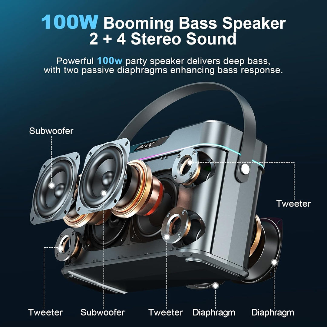 Karaoke-Maschine - 100W Bluetooth-Lautsprecher mit Super Bass, 2 drahtlose Mikrofone, tragbares PA-S