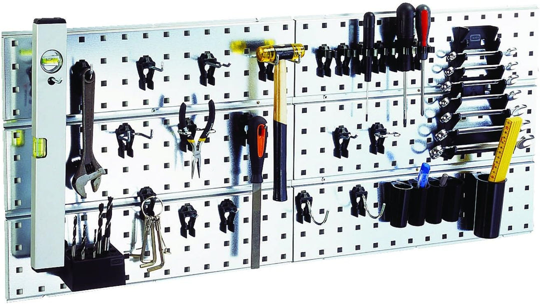 raaco 2 TWP Set Verzinkte Werkzeugwand - Lochwand Werkstatt mit 28 SuperClips, 104 x 44 cm, 150 kg T