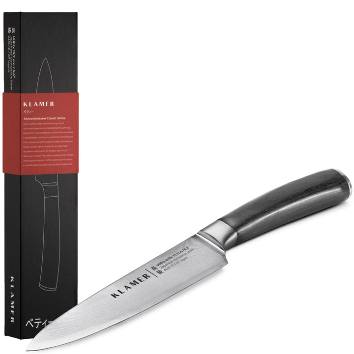KLAMER Damast Allzweckmesser 13cm, scharfes Küchenmesser, Profi Kochmesser aus japanischem Stahl All