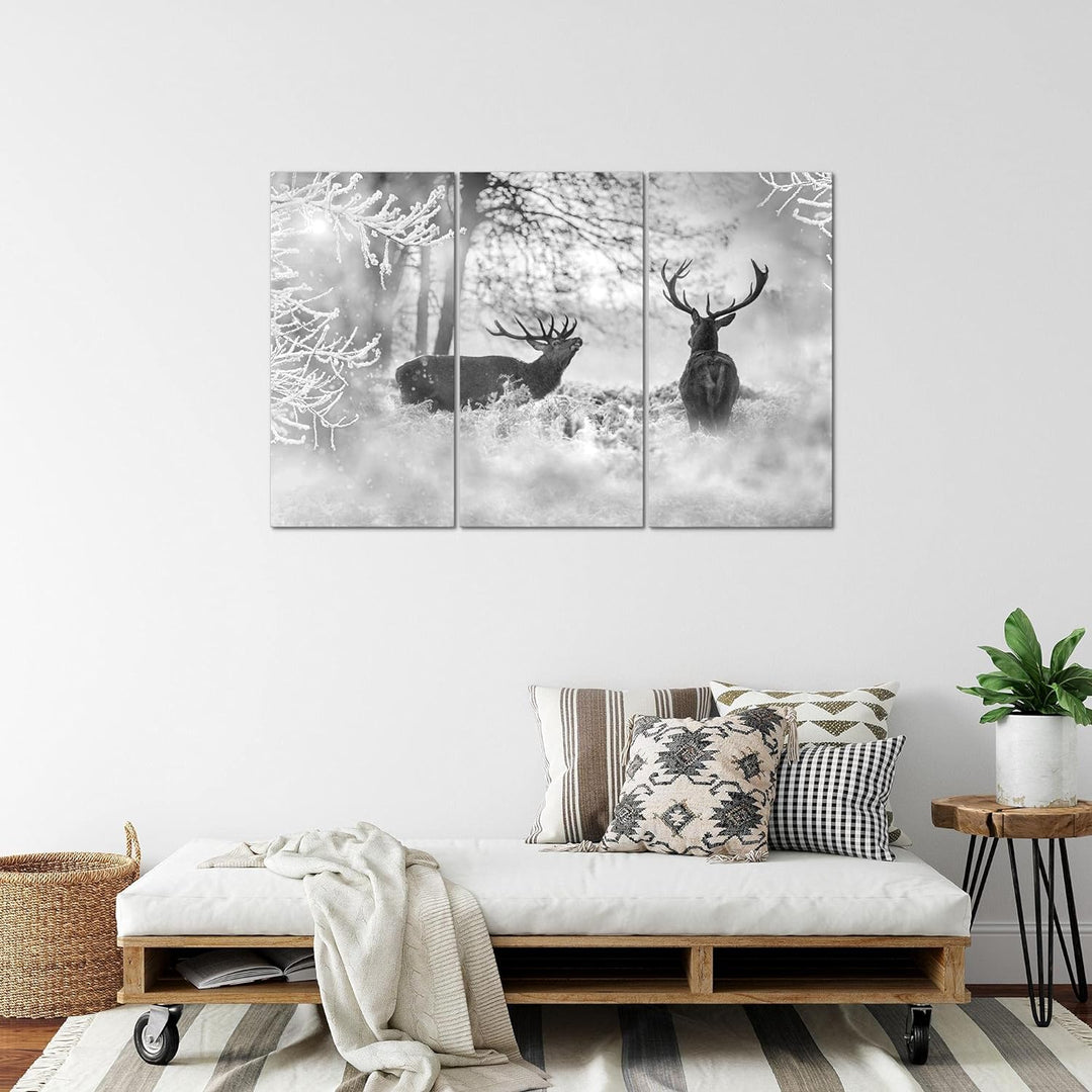Runa Art Wandbilder Winter Hirsch Bild XXL Wohnzimmer Schlafzimmer Schwarz Weiss Landschaft 120 x 80