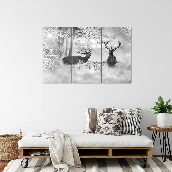 Runa Art Wandbilder Winter Hirsch Bild XXL Wohnzimmer Schlafzimmer Schwarz Weiss Landschaft 120 x 80