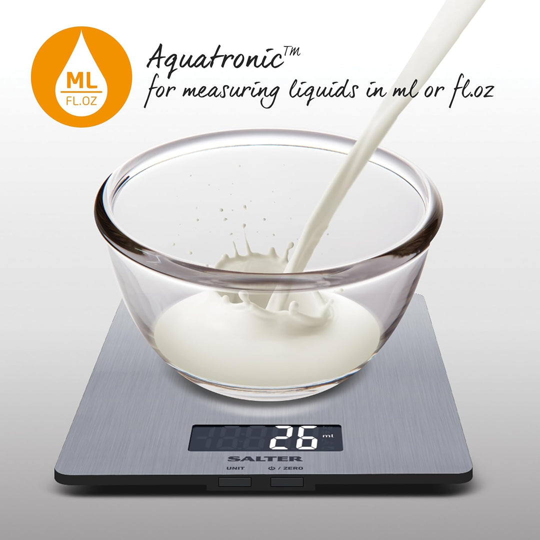Salter Digitale Küchenwaage Edelstahl – 5 kg Kapazität, LCD Display, Aquatronic Flüssigkeitsmessung