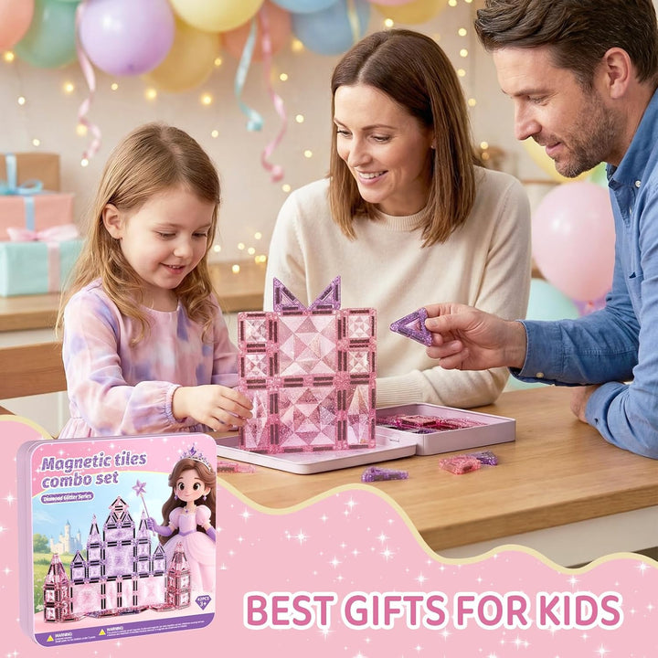 burgkidz Magnetische Bausteine Reisespielzeug für Mädchen: 42 Teile Glitzer Diamant Magnetische Tile