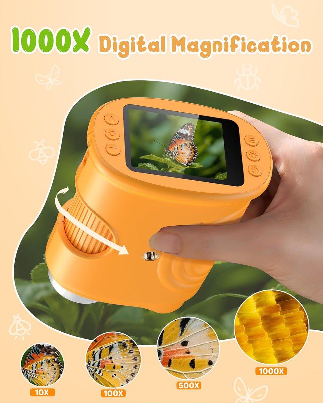1000X Digital Mikroskop für Kinder Lupe: Handy Taschenmikroskop mit 2.0" IPS Bildschirm & 8 LED Lich