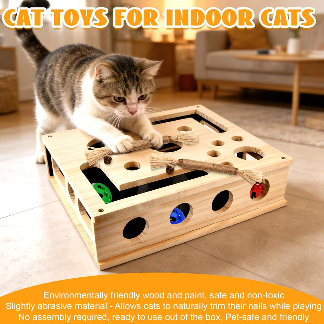 Katzen Krallenpflege Spielzeug, 30*25CM Kratzpuzzle Spielbox Holz Katzen mit 3 Ball 2 Minzstange, In