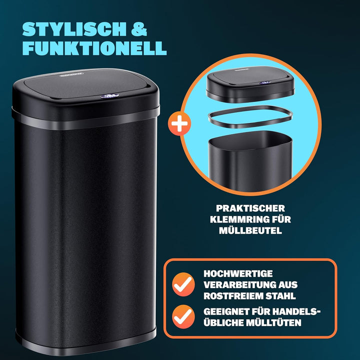 Monzana® Mülleimer mit Sensor Küche 50L Edelstahl Automatik Deckel Klemmring inkl. USB-Kabel Abfalle