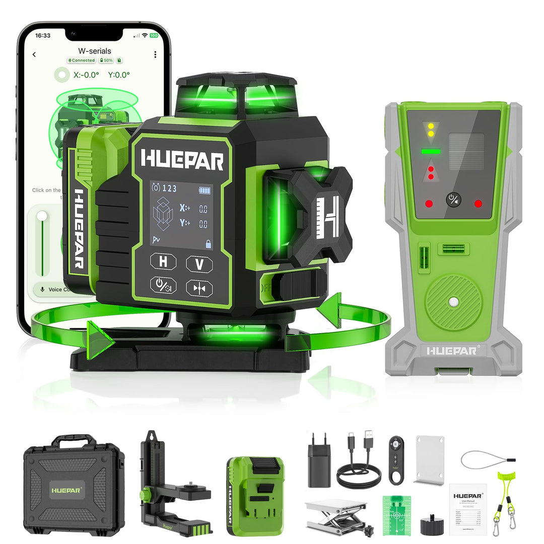Huepar W04CG 8RG 4D Laser-Wasserwaage mit Laserdetektor, LCD-Display Laser-Wasserwaage mit drehbarer