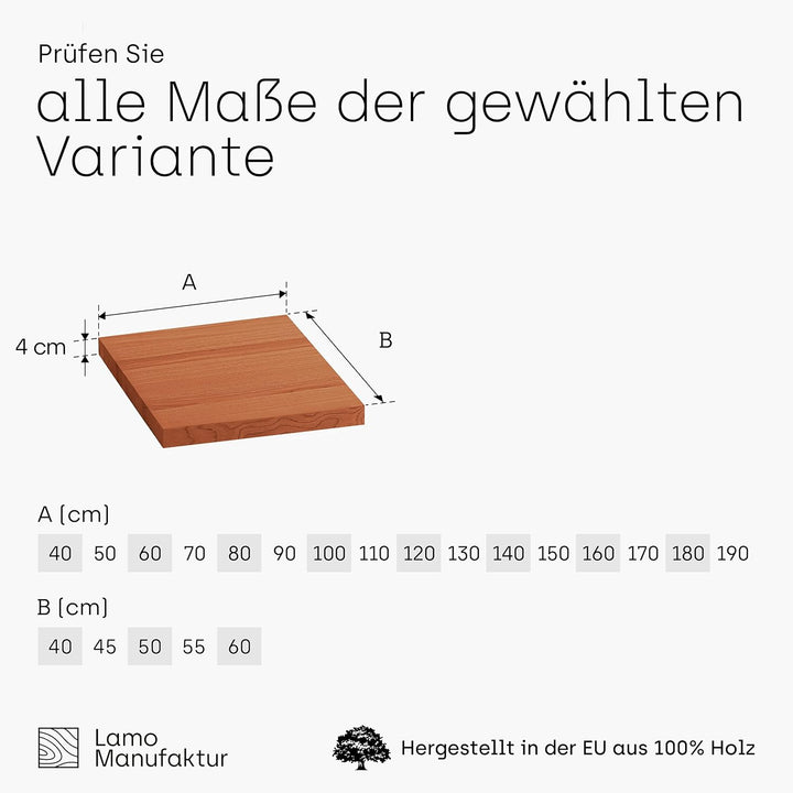 LAMO Manufaktur Waschtischplatte, Holzplatte Waschtisch, Nachttisch 40x40 cm (AxB), Dunkel, ohne Mon