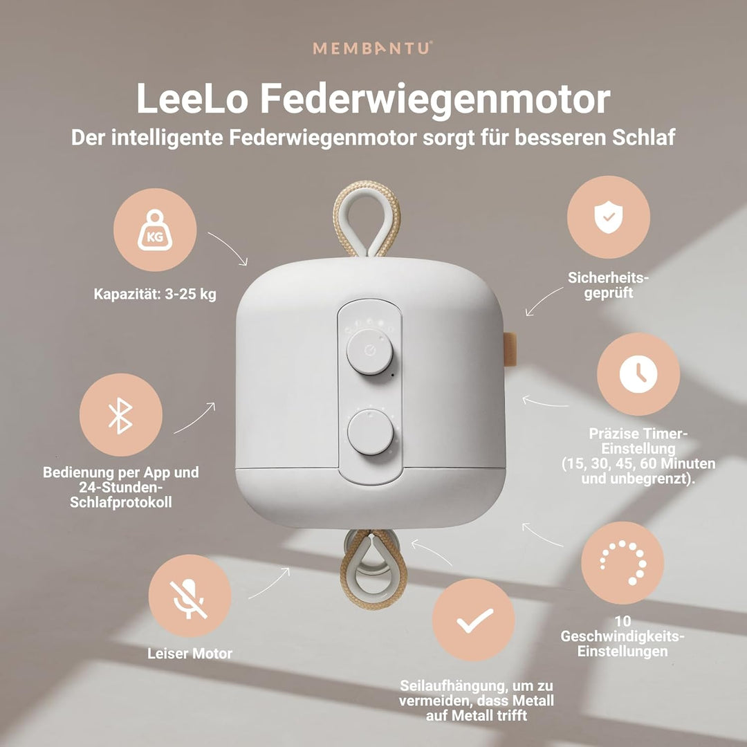 Federwiegenmotor LeeLo02, App-gesteuerter Babywiegen Motor, Extra Leise, 10 Geschwindigkeiten, Timer