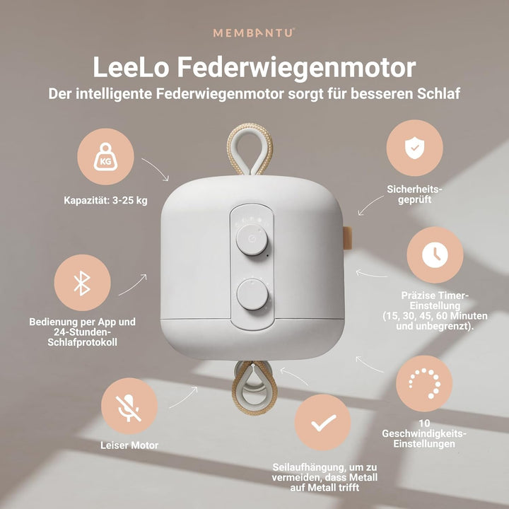 Federwiegenmotor LeeLo02, App-gesteuerter Babywiegen Motor, Extra Leise, 10 Geschwindigkeiten, Timer