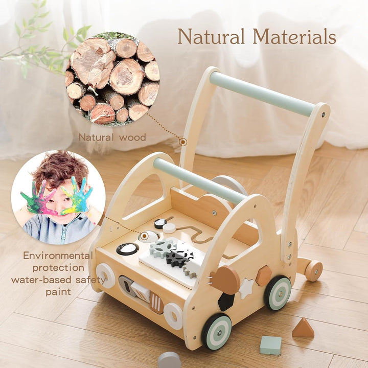 Lauflernwagen Holz, Multifunktion Montessori Spielzeug mit Formensortierung Spielbrett, Lauflernhilf